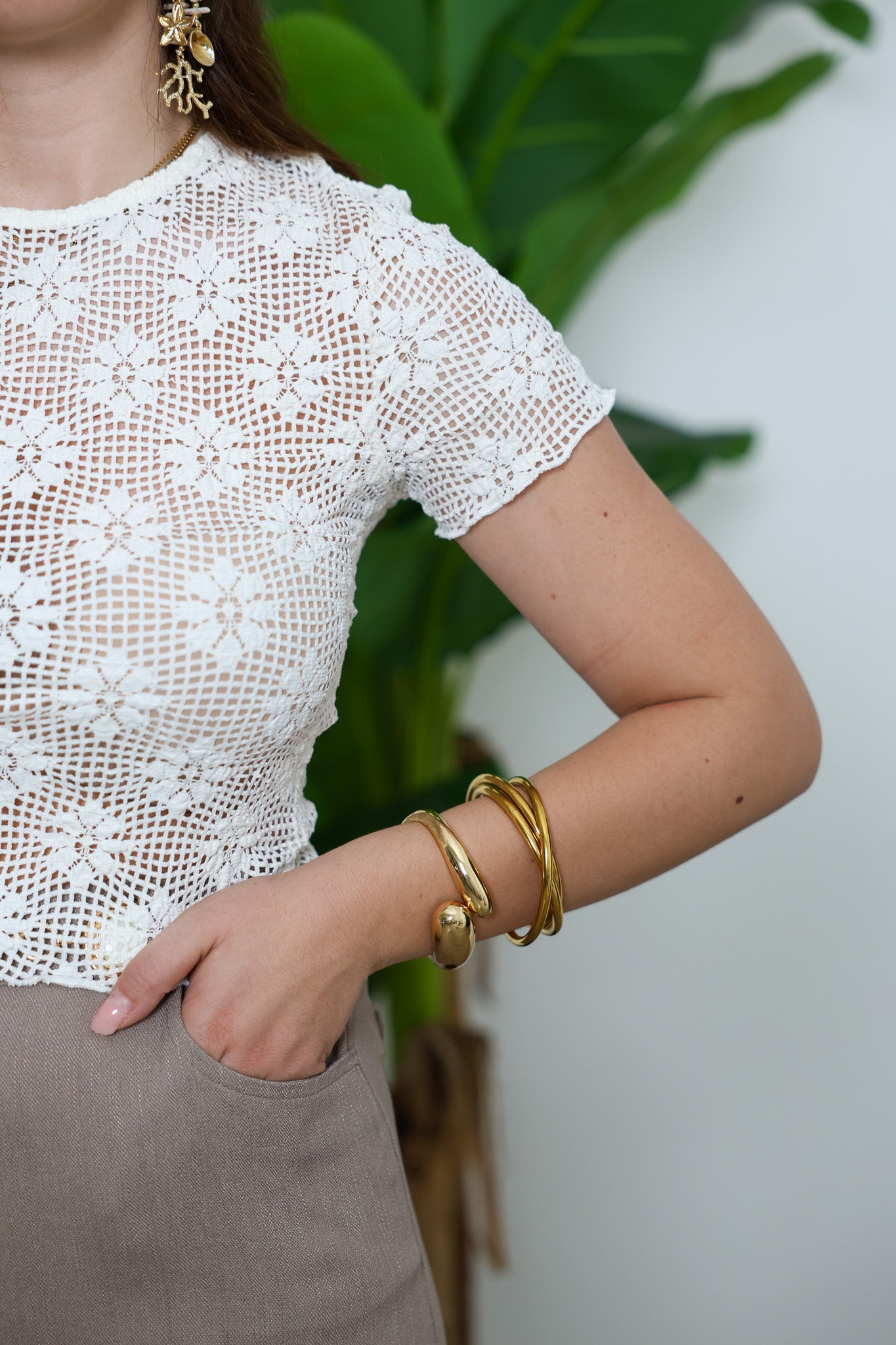 Maglia traforo crop Panna