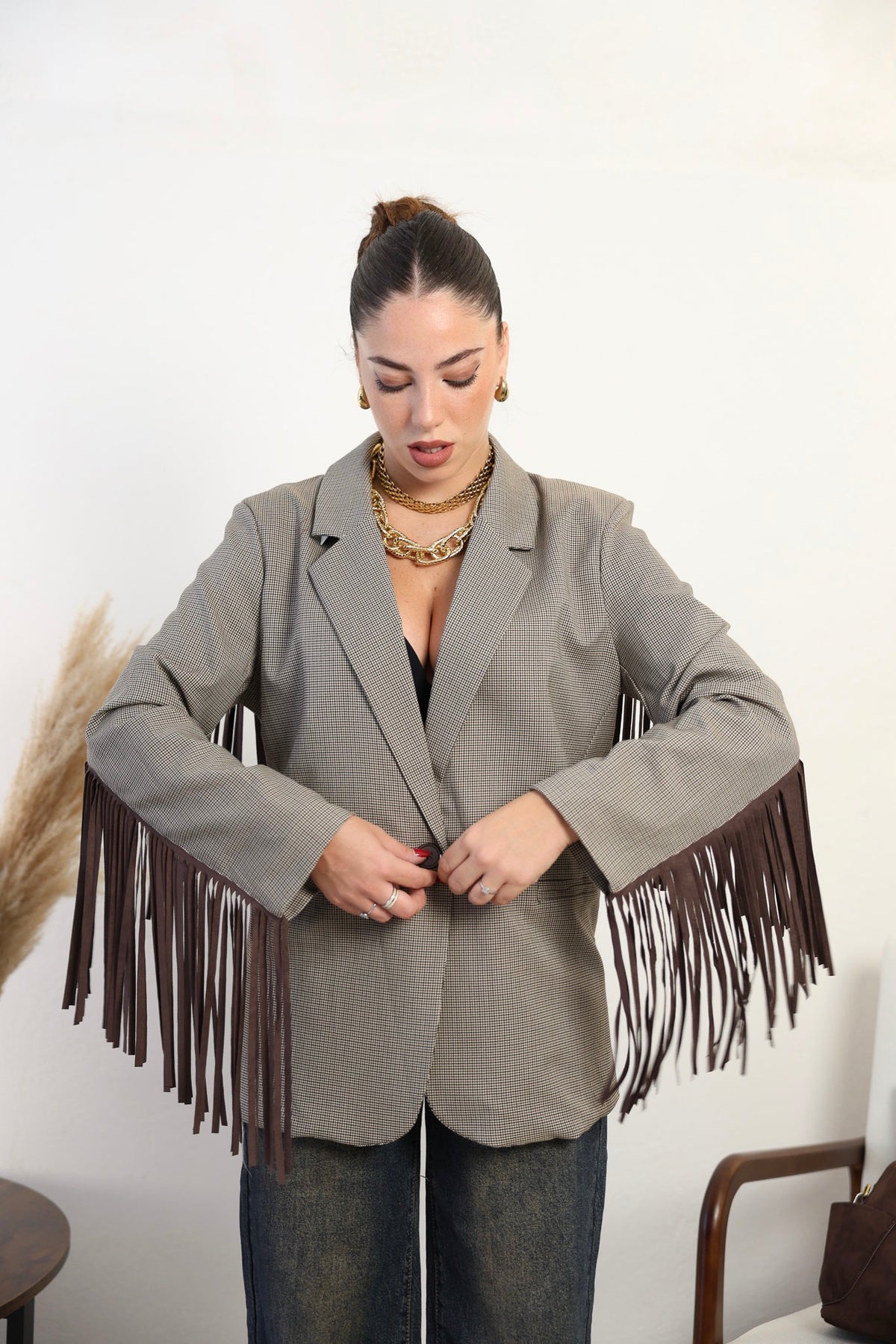 Blazer frange cuoio